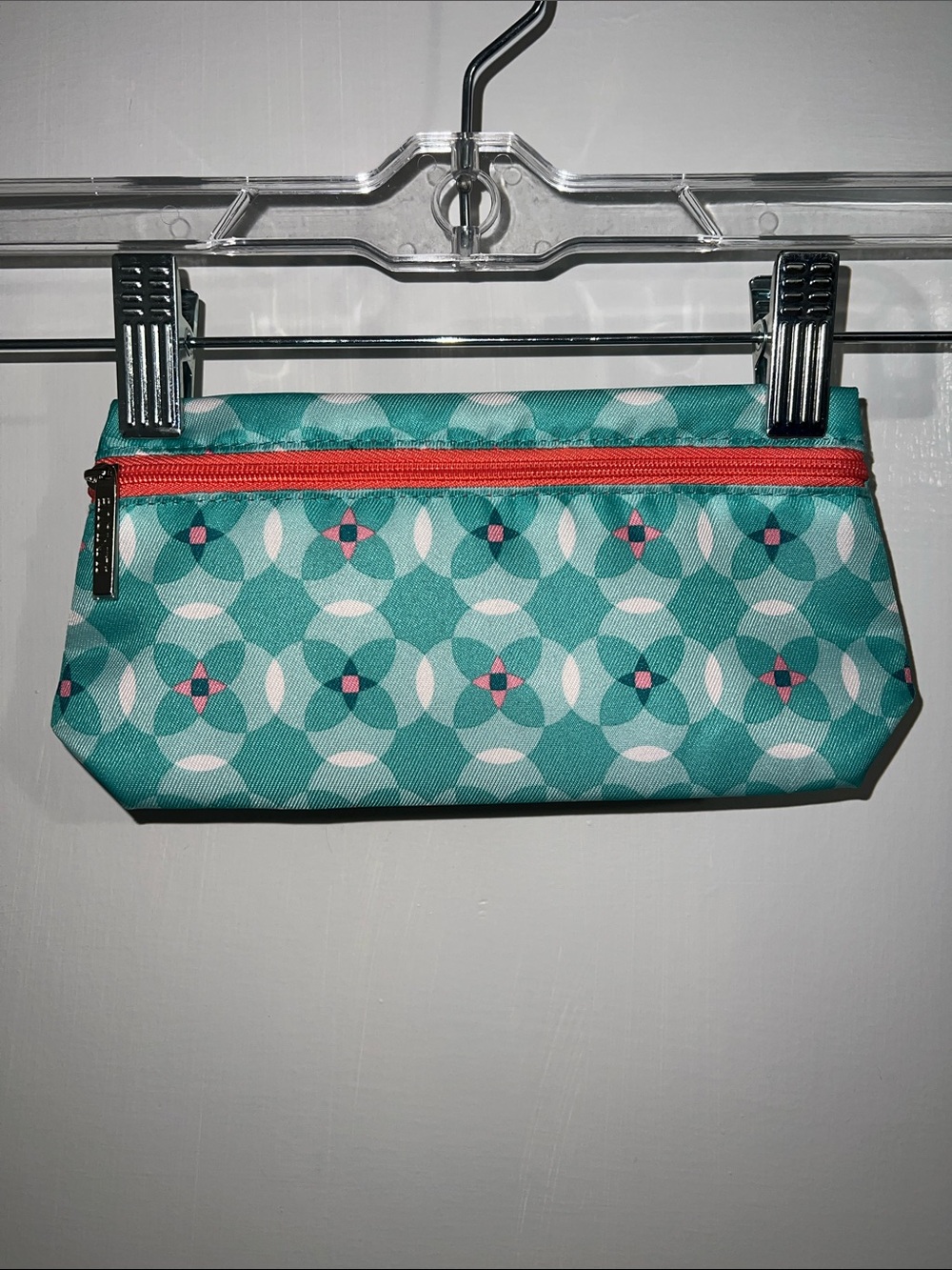 Clinique Teal Geometric Zip Pouch with Coral Accent